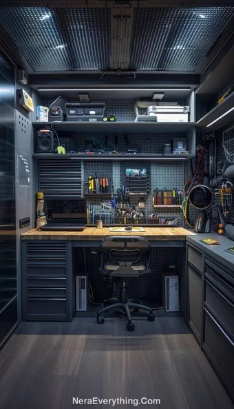 Bancada da Garagem: workshop com painel de ferramentas e estação de trabalho